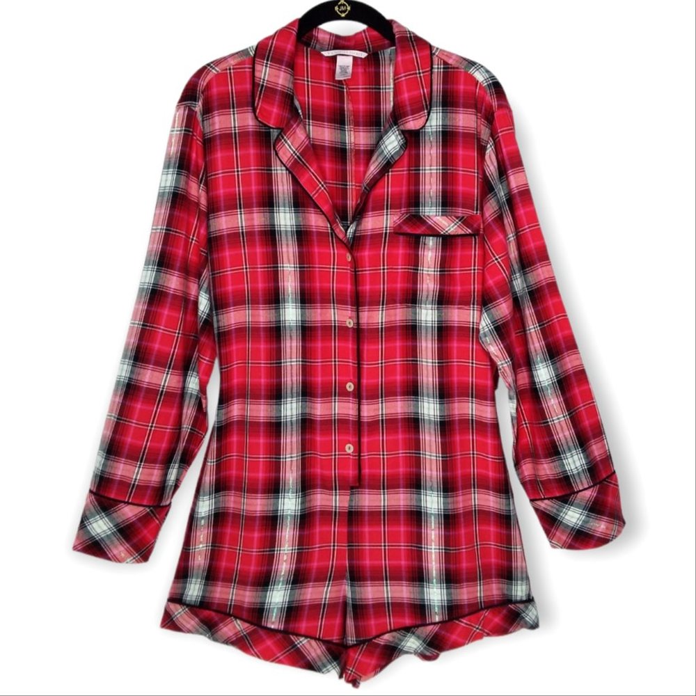 Victorias Secret Plaid Pajama Romper Size Large Red Pink Silver NO BELT